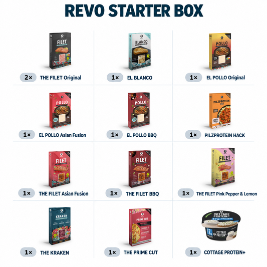 REVO Starter Box contents: 13 packs across 12 varieties, including two THE FILET Original