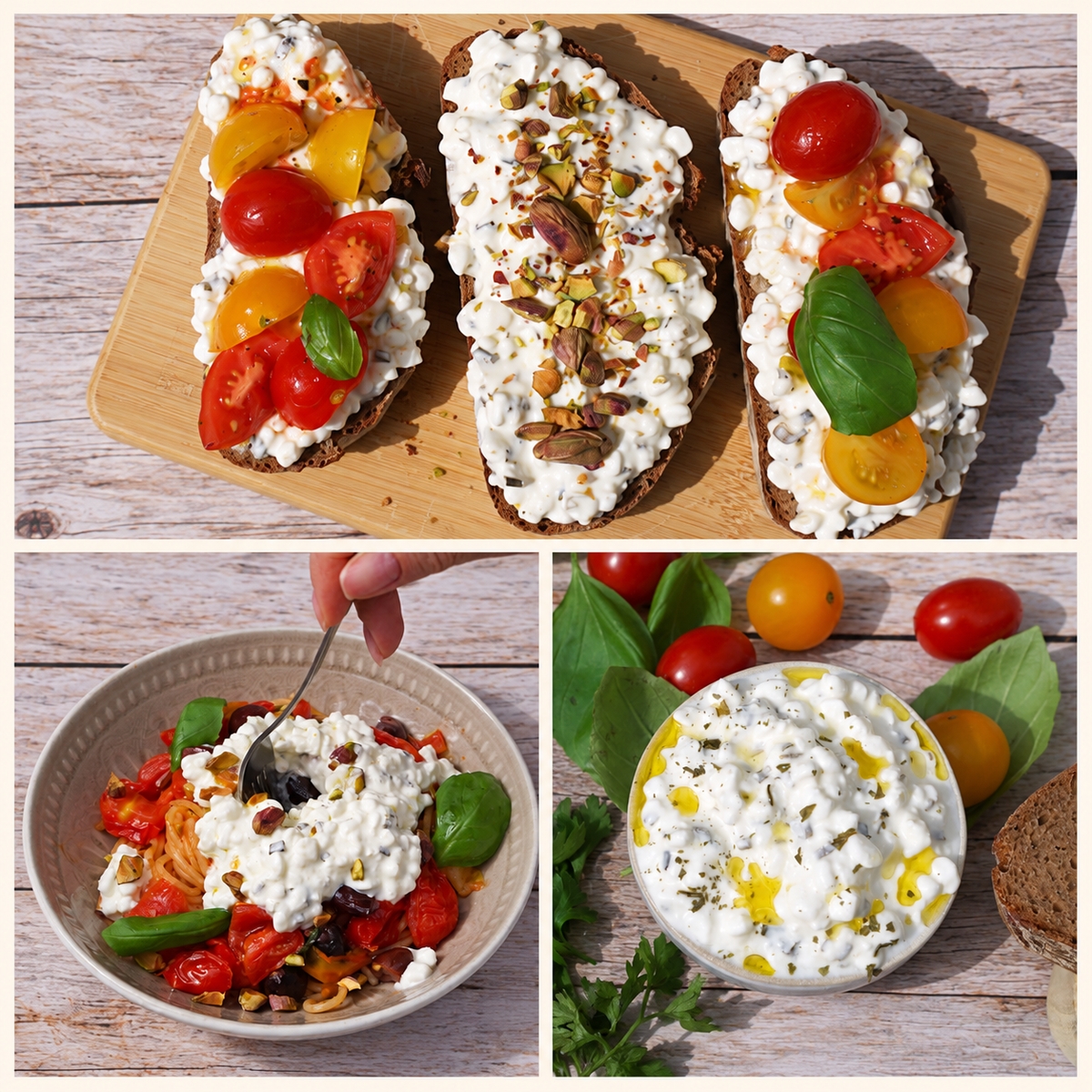 Cottage Protein+ serving suggestions: topped bread, tomato pasta and a bowl with herbs and oil
