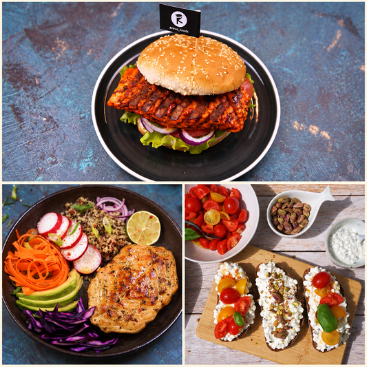 REVO Discovery Box serving suggestions: BBQ FILET burger, PRIME CUT bowl and Cottage Protein+ on bread