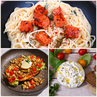 REVO Protein Maxxing Box serving suggestions: FILET lemon pasta, sweet potato with mycoprotein mince and Cottage Protein+