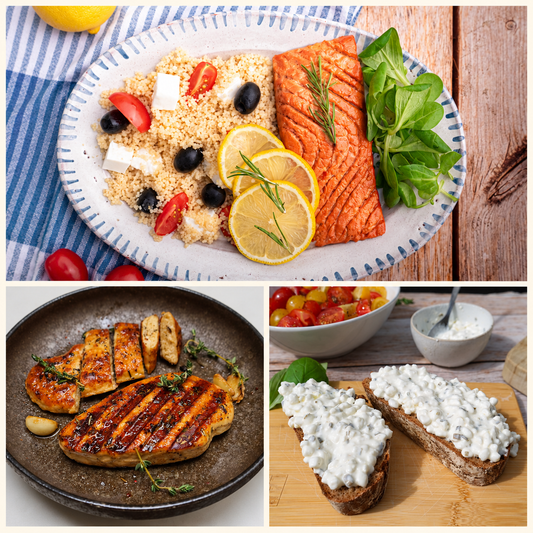 REVO Starter Box serving suggestions: THE FILET with couscous, EL POLLO and Cottage Protein+ on bread
