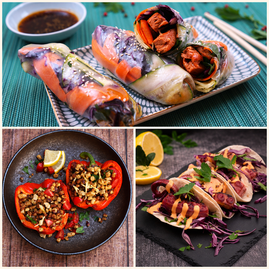 REVO Ultimate Box serving suggestions: FILET summer rolls, peppers with mycoprotein mince and KRAKEN tacos