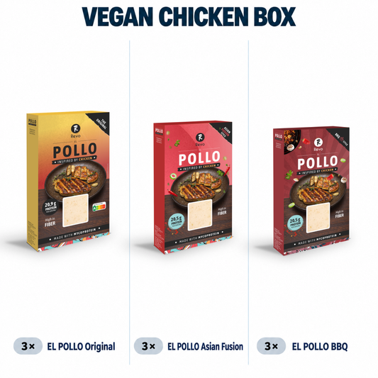 Vegan Chicken Box contents: 3 EL POLLO Original, 3 Asian Fusion and 3 BBQ packs