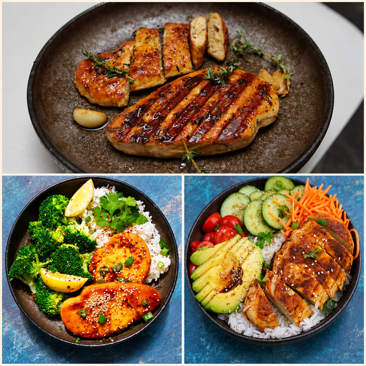 Vegan Chicken Box serving suggestions: grilled EL POLLO and two EL POLLO rice bowls
