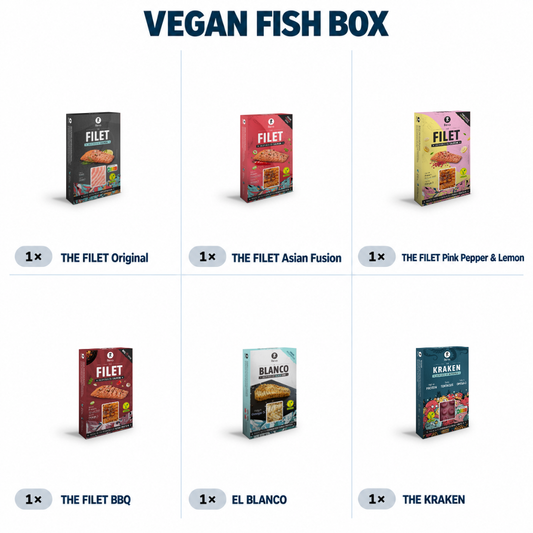 Vegan Fish Box contents: one each of THE FILET Original, Asian Fusion, Pink Pepper & Lemon and BBQ, plus EL BLANCO and THE KRAKEN