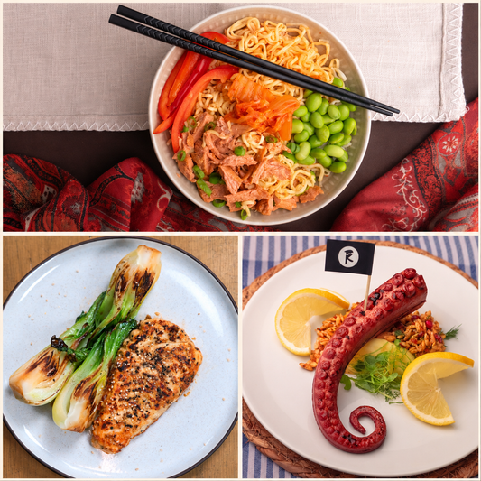 Vegan Fish Box serving suggestions: FILET noodle bowl, EL BLANCO with pak choi and KRAKEN with lemon
